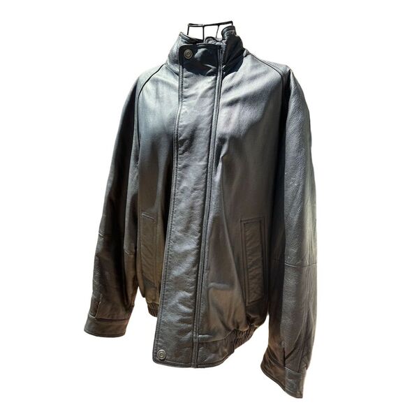 Tanner Avenue Men's Black Leather Bomber Jacket Size L Herringbone Pattern - Picture 2 of 7